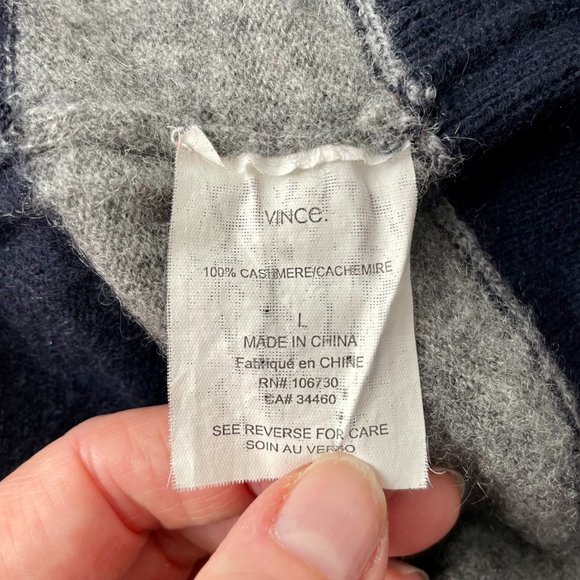 Vince 100% Cashmere Long Line V Neck Sweater, Navy/Grey Stripes, Size L - Picture 8 of 8